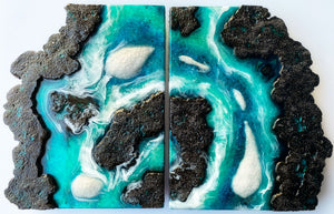 "high tide" resin diptych on wood