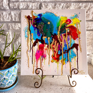 multi-media alcohol ink painting with gold leaf on canvas