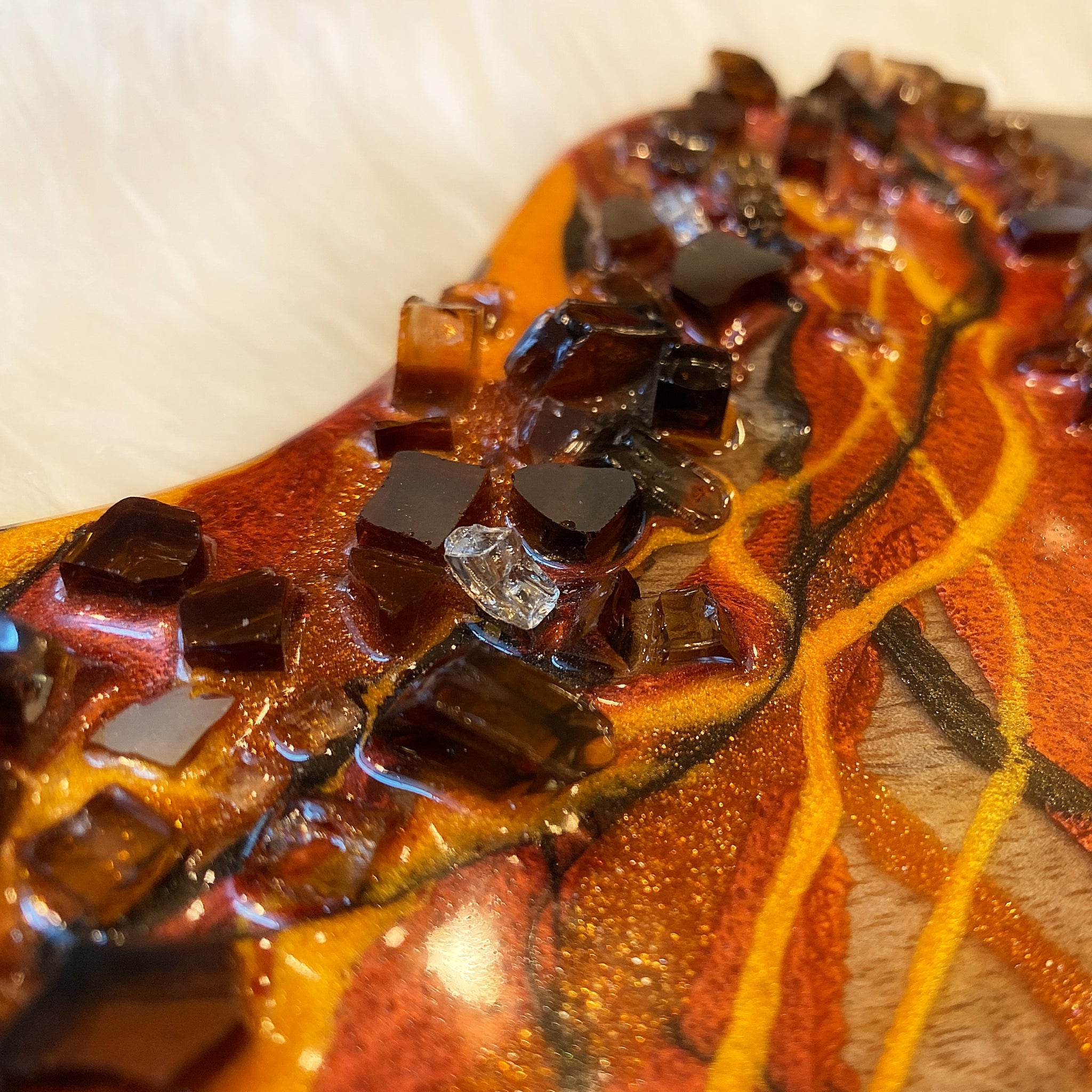 "bless this home" charcuterie board with resin and amber recycled glass