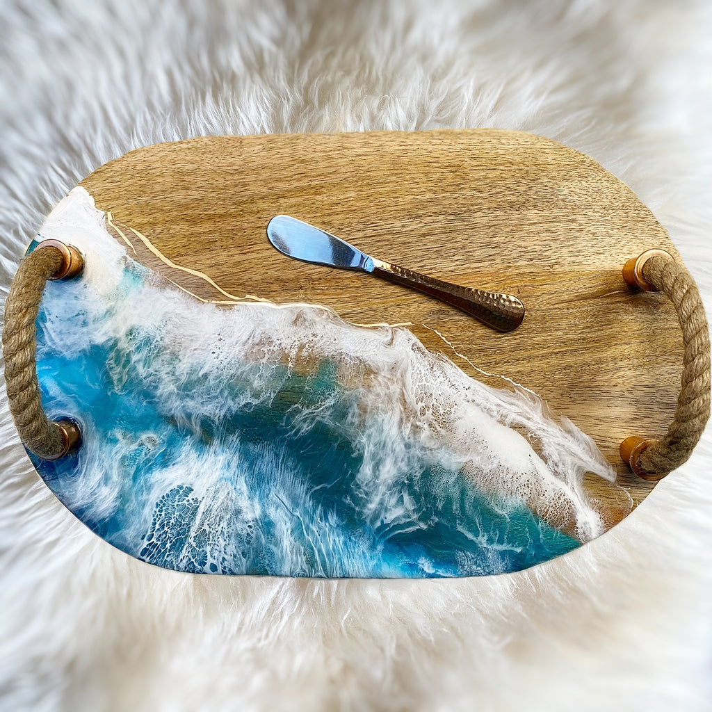 oval ocean-scape charcuterie tray with handles