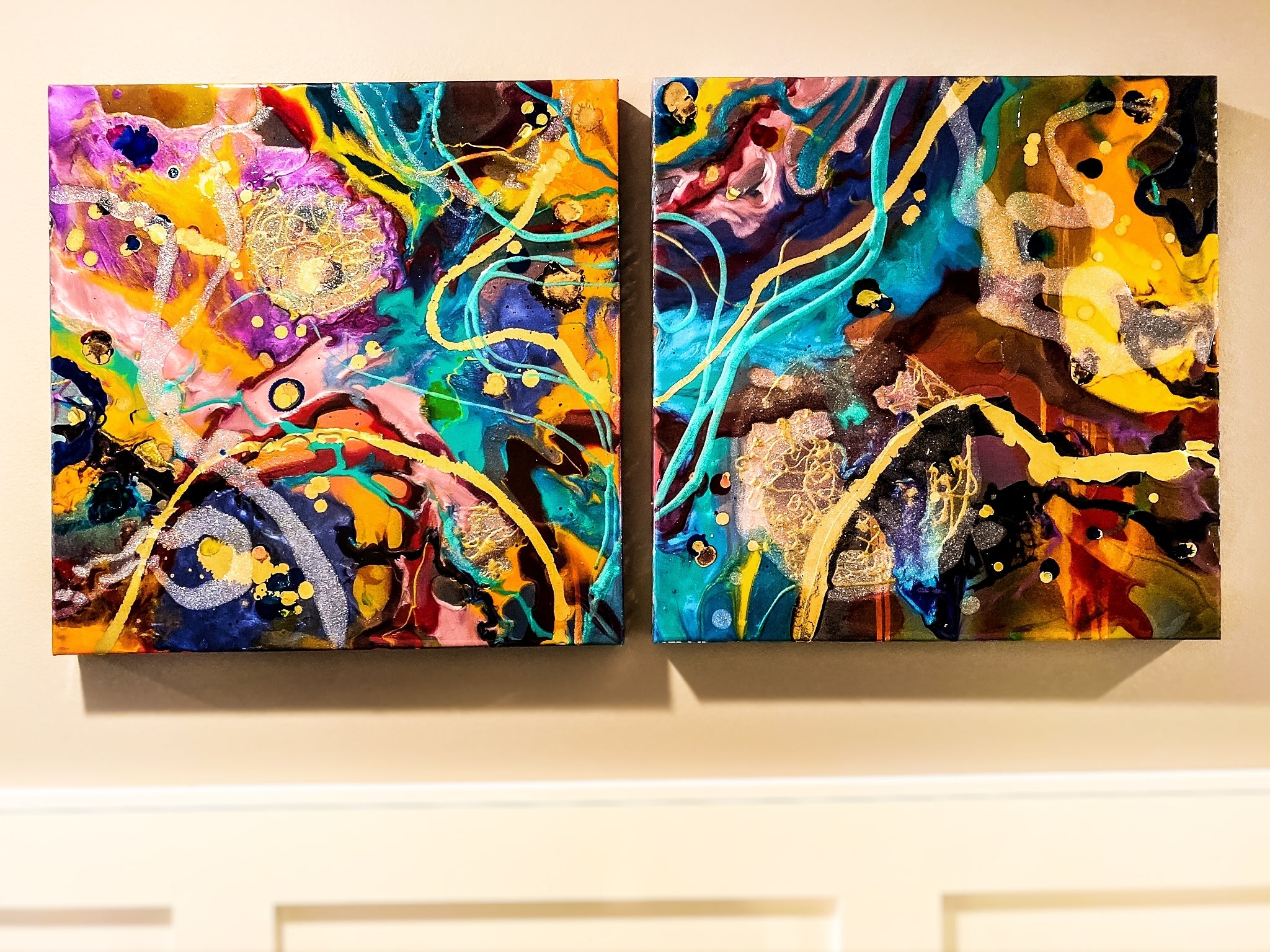 "all the colors" resin and ink diptych painting on canvas