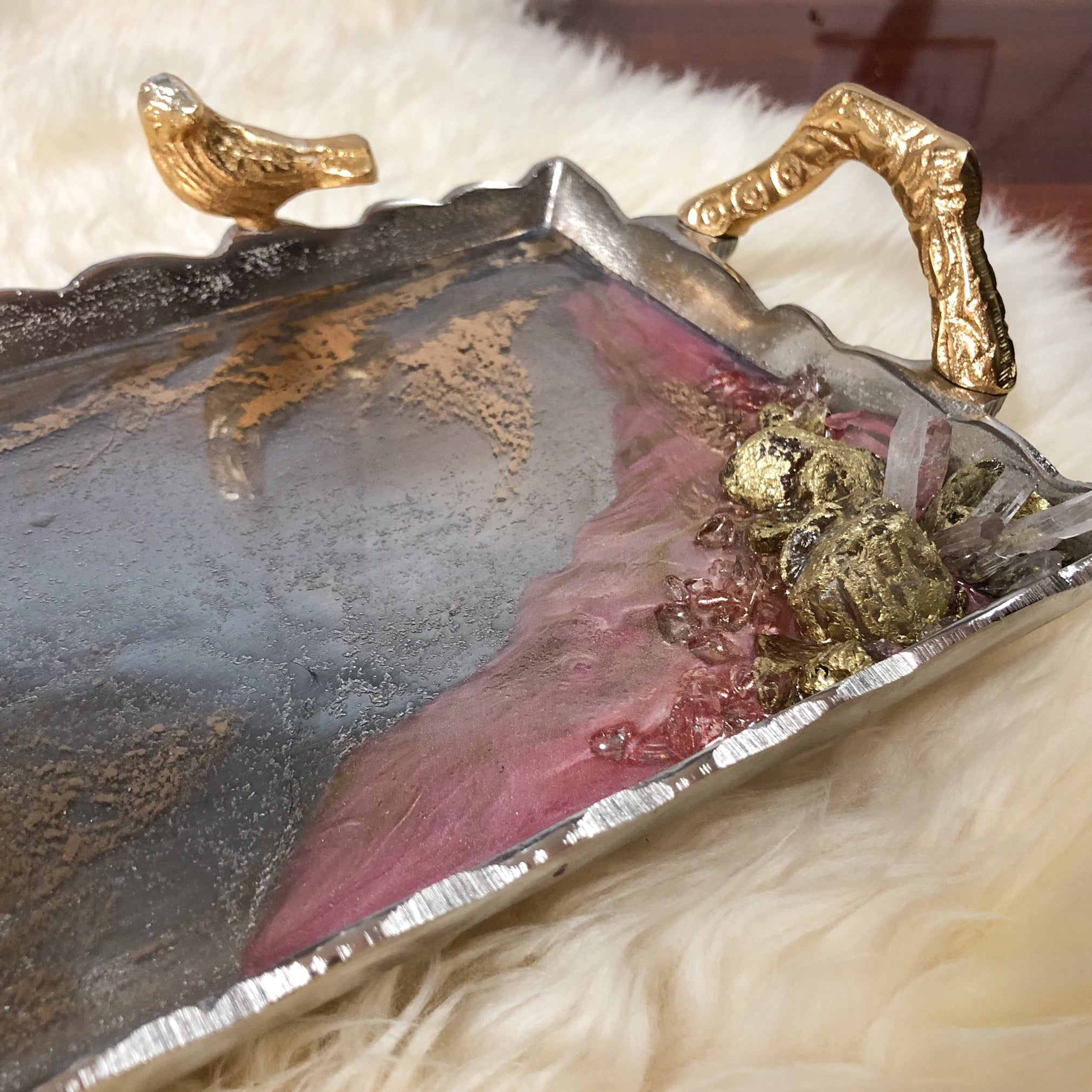 hand-painted silver bird tray with golden accents