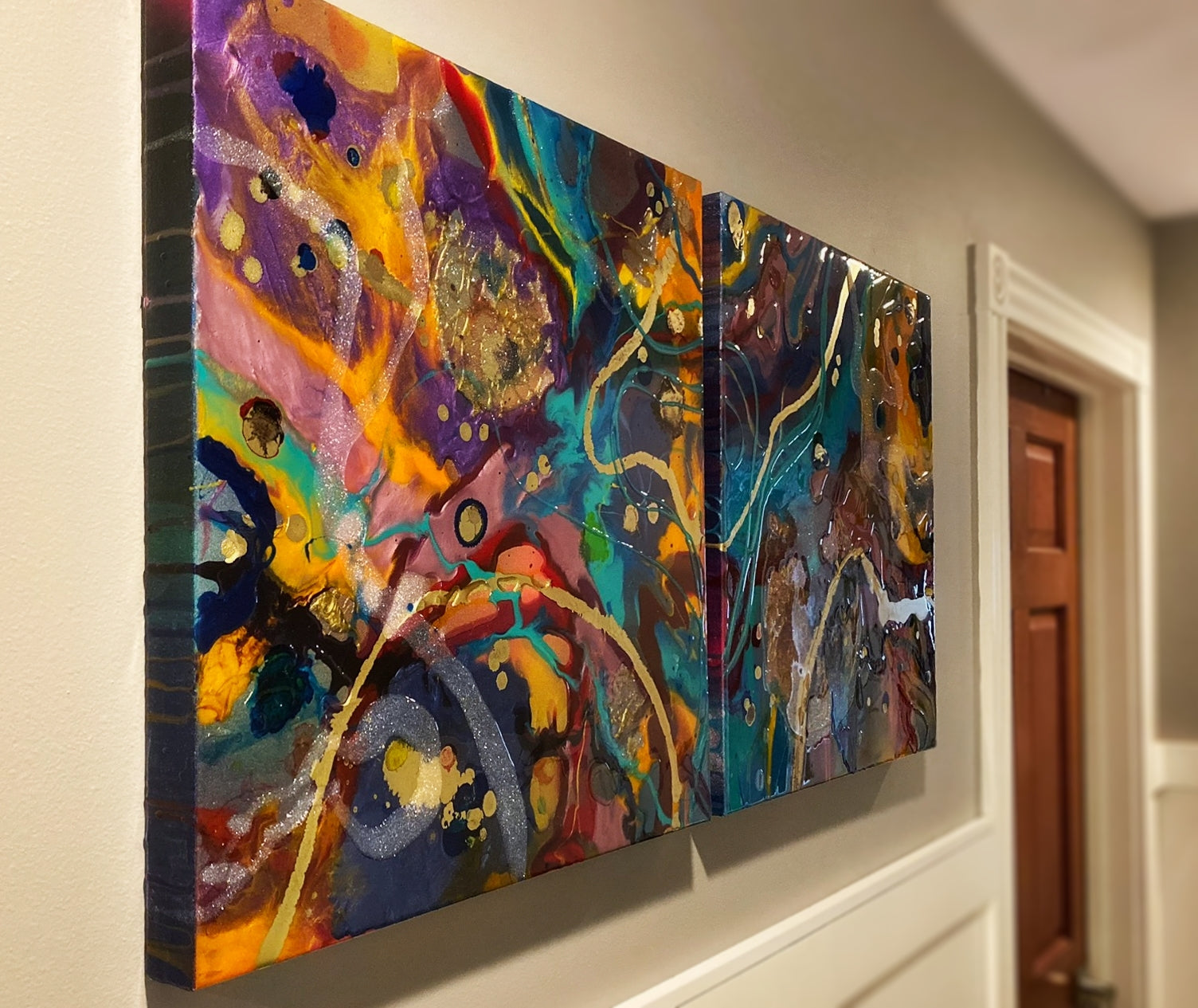 "all the colors" resin and ink diptych painting on canvas