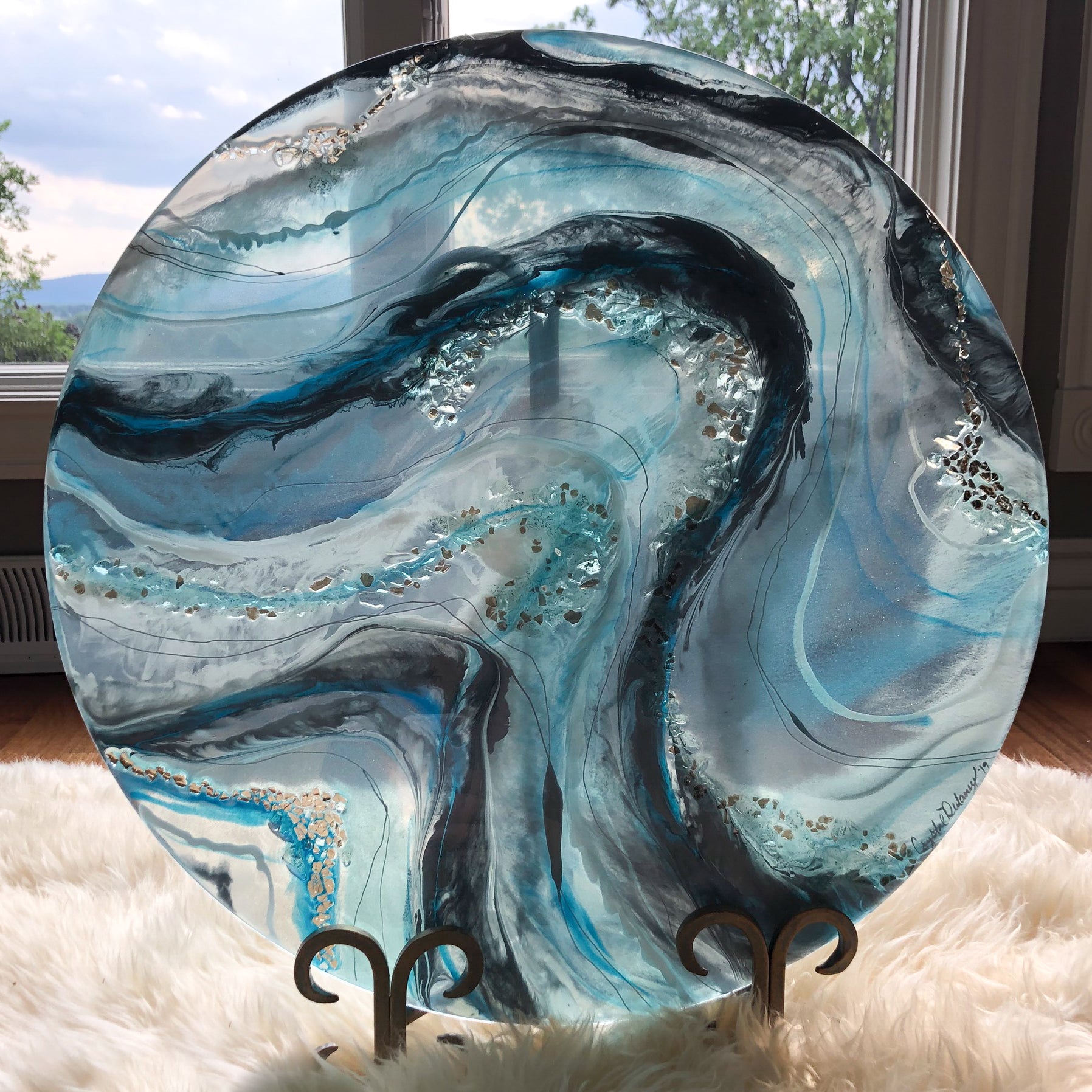 resin painting on glass (stand included)