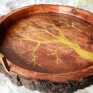 live edge round serving tray with golden tree