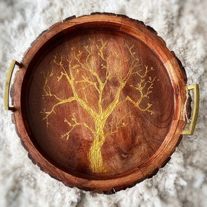 live edge round serving tray with golden tree